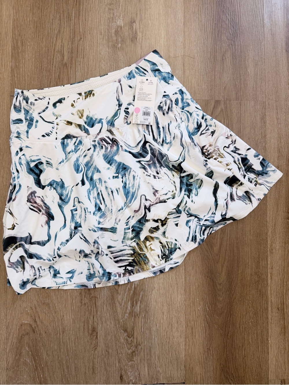 CALIA White Abstract Print Skater Skirt with Blue-Green Accents